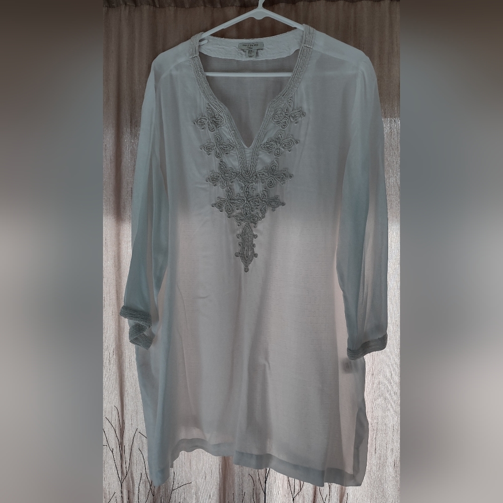 Saint Tropez West White Ivory Embroidered 3/4 Sleeve Tunic Top, 100% Viscose, XL